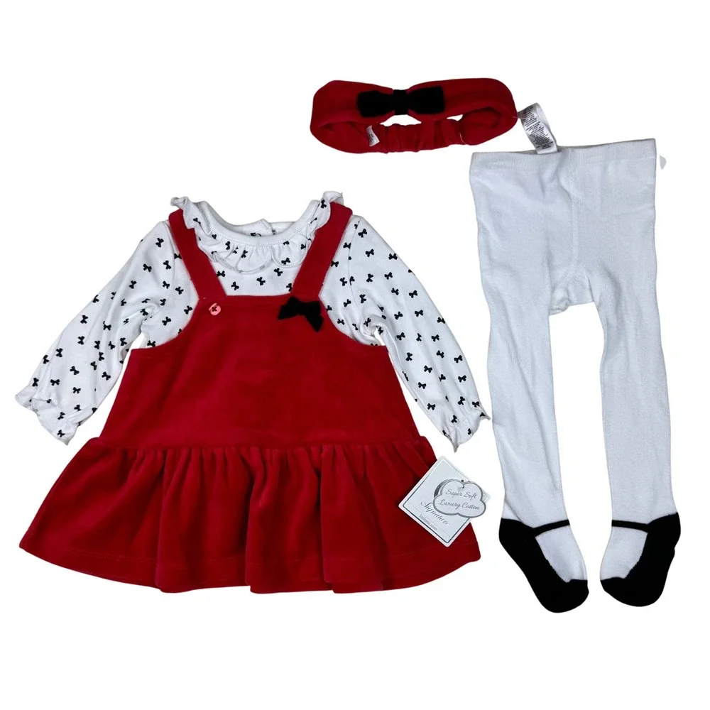 NEW Little Me 2pc plus Headband Outfit Red Dress Black Bows 6M Baby Girl Set NWT
